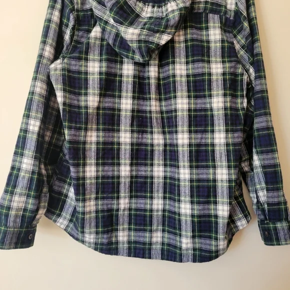LL Bean Scotch Plaid Flannel Pullover Hoodie Navy And White Outdoor Grunge Large - Picture 6 of 8